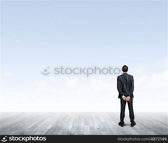 Business vision. Back view of confident businessman looking into the distance