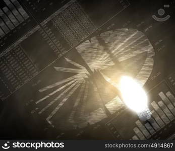 Business vision. Glowing light bulb with sketches at background