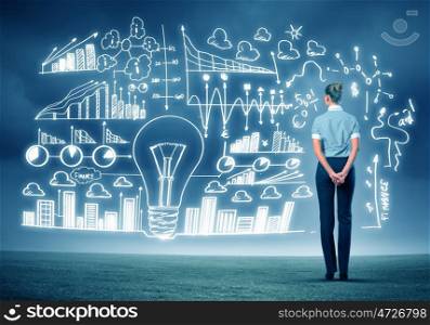 Business woman and business project. Back view image of businesswoman standing against business sketch