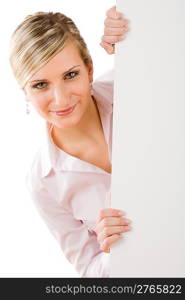 Business woman behind blank banner look at camera