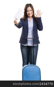 Business woman carrying a suitcase, isolated over white background