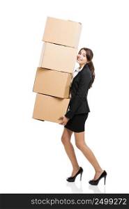 Business woman carrying card boxes, isolated over white background. Businesswoman holding boxes