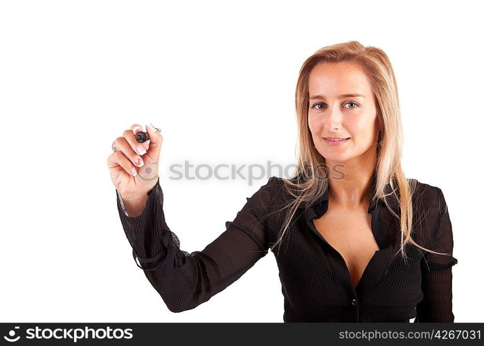 Business woman, drawing on whiteboard, isolated over white