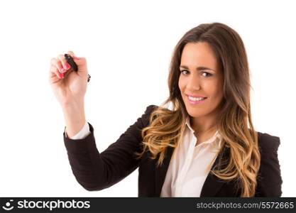 Business woman, drawing on whiteboard, isolated over white