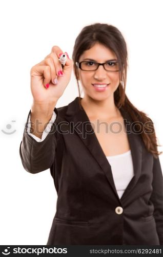 Business woman, drawing on whiteboard, isolated over white