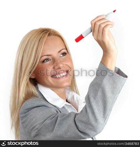 business woman draws on the glass