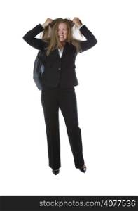Business woman, expressing anger by pulling her hair, with laptop carry case on her shoulder while isolated on white