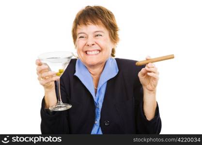 Business woman feeling tipsy from drinking a martini and smoking a cigar. Isolated on white.