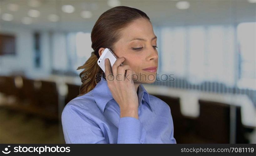 Business woman finishes conversation in an office