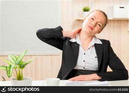 business woman frustrated her sick neck, portrait in an office