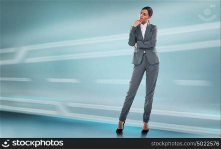 Business woman full length portrait on technological background with copyspace