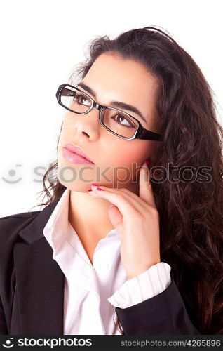 Business woman full of thoughts, isolated on white