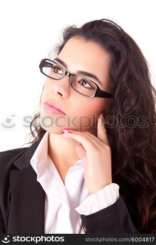 Business woman full of thoughts, isolated on white
