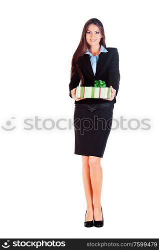 business woman gives you a gift on white background