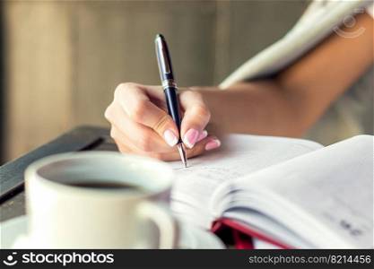 Business woman hand is writing in notepad with pen at cafe.. Woman writing in notepad.
