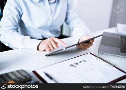 Business woman hand presses on screen digital tablet Online Digital marketing  technology.