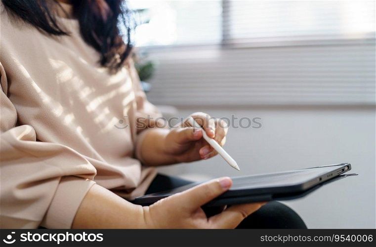 Business woman hand presses on screen digital tablet Online Digital marketing  technology