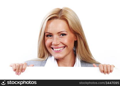 business woman hidden behind a white sheet of paper