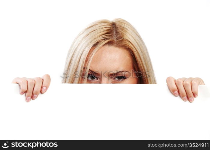 business woman hidden behind a white sheet of paper