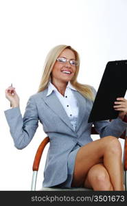 business woman hold a folder of papers and write