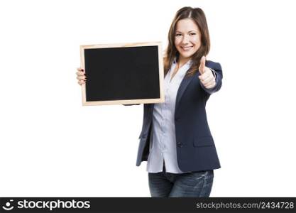 Business woman holding a chalkboard, isolated over a white background