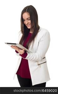 business woman holding a digital tablet, isolated on a white background