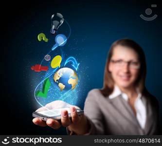 Business woman holding a mobile phone sending images
