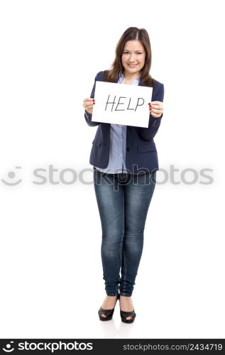 Business woman holding a paper with the word Help, isolated over white background