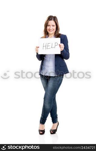 Business woman holding a paper with the word Help, isolated over white background