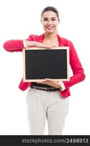 Business woman holding a shalk board on the hands, isolated over a white background (with copy space for designers)