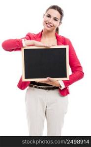 Business woman holding a shalk board on the hands, isolated over a white background  with copy space for designers 