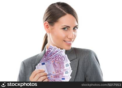 Business Woman holding and showing a lot of five hundred euro banknotes on a white isolated background