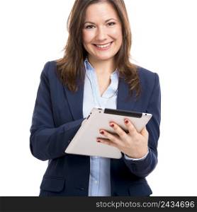Business woman holding and working with a tablet, isolated over a white background