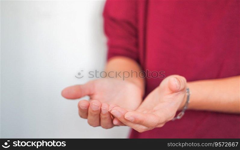 Business woman holding hands, suitable for infographics.