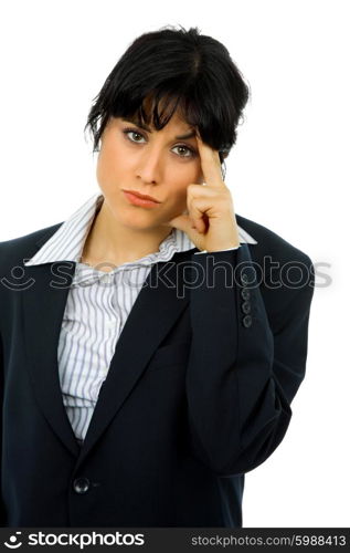 Business woman in a suit gestures with a headache