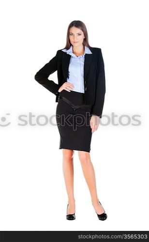 business woman in black suit on white background