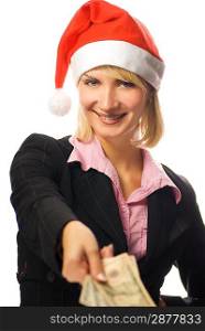Business woman in Christmas hat holding american dollars in her hand
