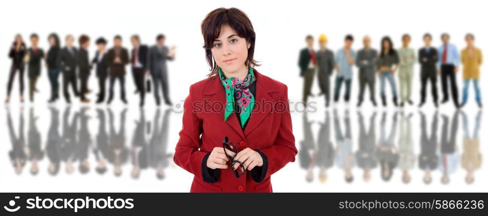 business woman in front of a group of people