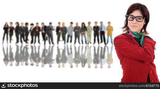 business woman in front of a group of people