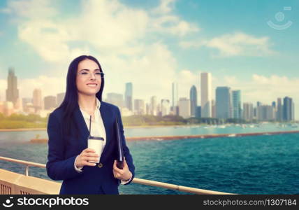 Business woman in glasses and suit, against skyscrapers. Modern building, financial center, cityscape. Successful female businessperson