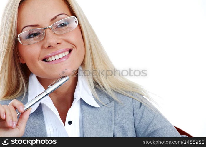 business woman in glasses on white background pen in hands