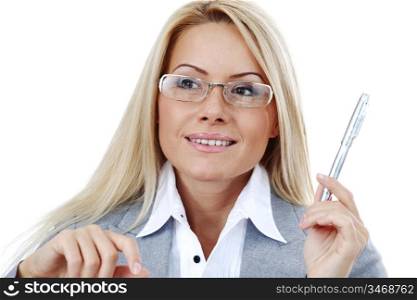 business woman in glasses on white background pen in hands