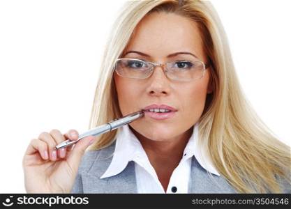 business woman in glasses on white background pen in hands