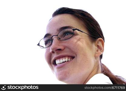Business woman in white shirt and glasses smiles with eager pose