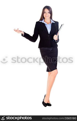 business woman is showing something with the hand and smiling on white background