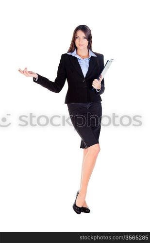 business woman is showing something with the hand on white background