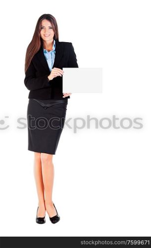 business woman is showing the paper on white background