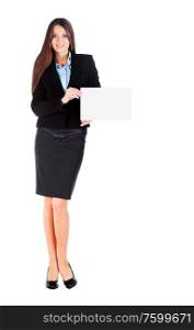 business woman is showing the paper on white background