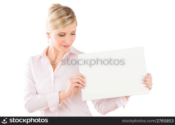 Business woman look down at blank advertising banner