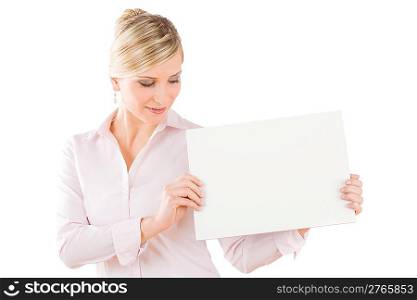 Business woman look down at blank advertising banner